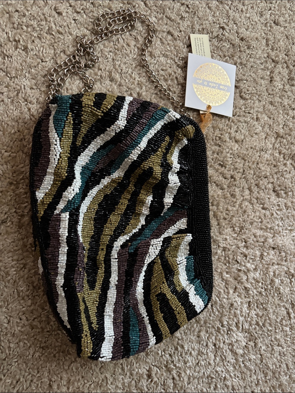 Beaded Zebra-Striped Wristlet Clutch in Black, Olive & Teal